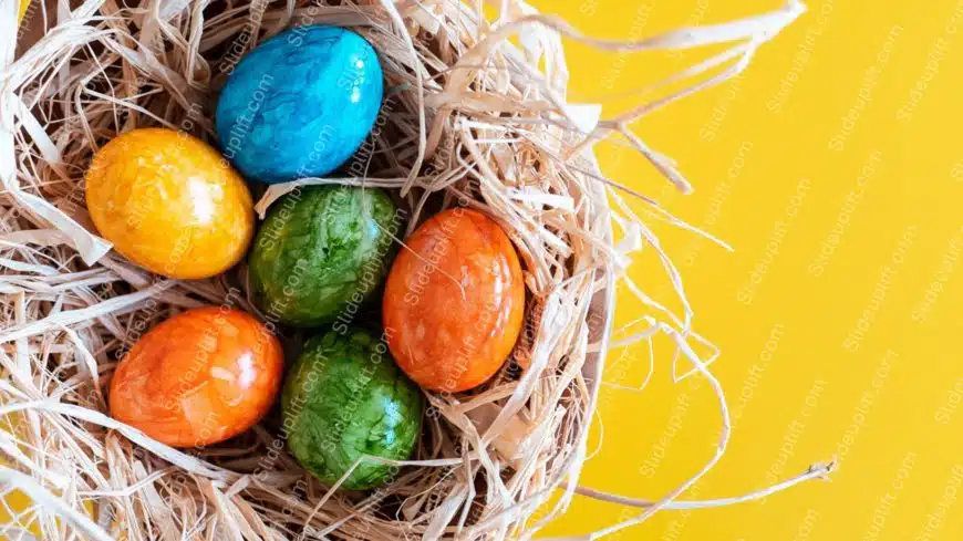 Blue Yellow Green Orange Easter Eggs Nest background image