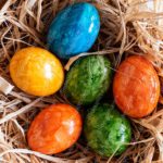 Blue Yellow Green Orange Easter Eggs Straw Nest background image & Google Slides Theme