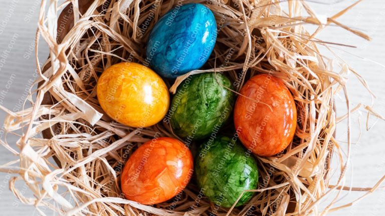 Blue Yellow Green Orange Easter Eggs Straw Nest background image & Google Slides Theme