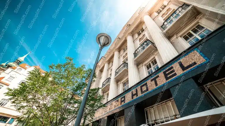 Blue sky white building green trees street lamp background image & Google Slides Theme