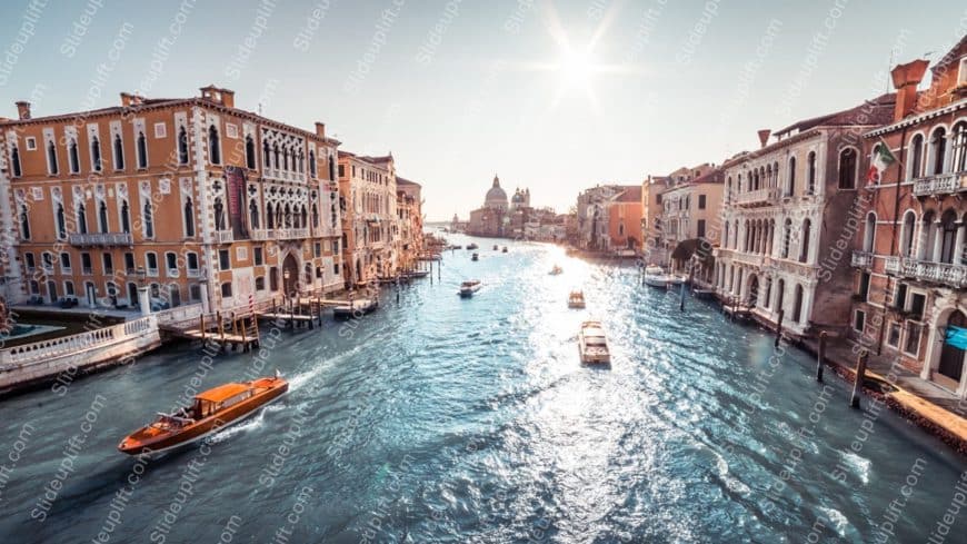 Blue water orange boats brown buildings background image