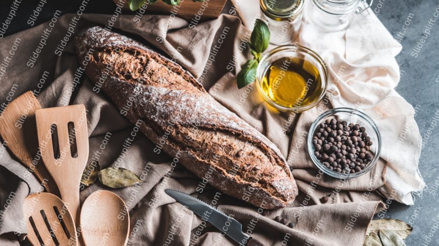 Brown Golden Bread Kitchenware OliveOil Black Peppercorns background image