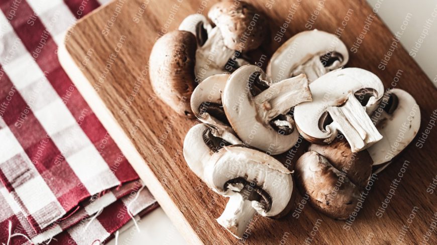 Brown White Mushrooms Wooden Board Red White Checked Napkin background image