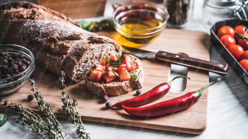 Brown bread red chili yellow oil background image