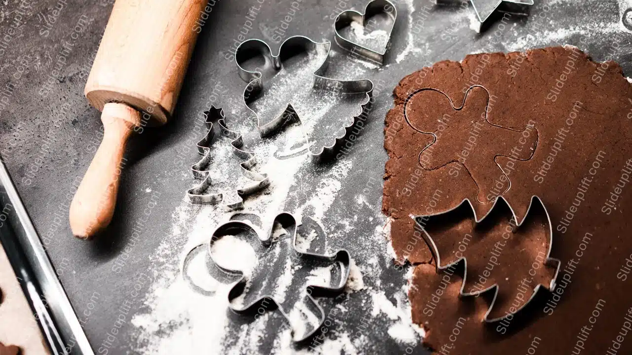 Brown rolling pin and cookie cutters flour dusted background image & Google Slides Theme