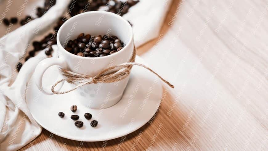 Dark brown coffee beans white cup with twine wooden background image