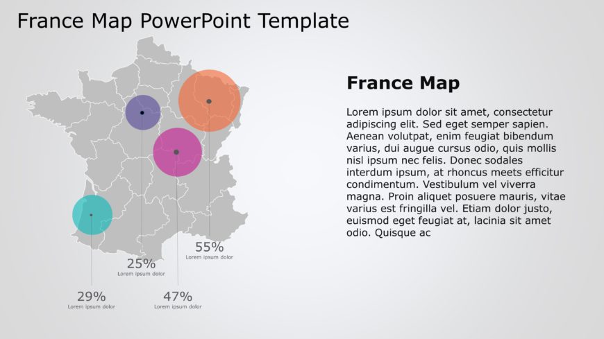 Gray France Map Infographic with Vibrant Circular Data Points Presentation Template