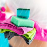 Fuchsia Gloves and Green Sponges Cleaning Equipment background image & Google Slides Theme