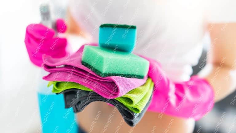 Fuchsia Gloves and Green Sponges Cleaning Equipment background image & Google Slides Theme