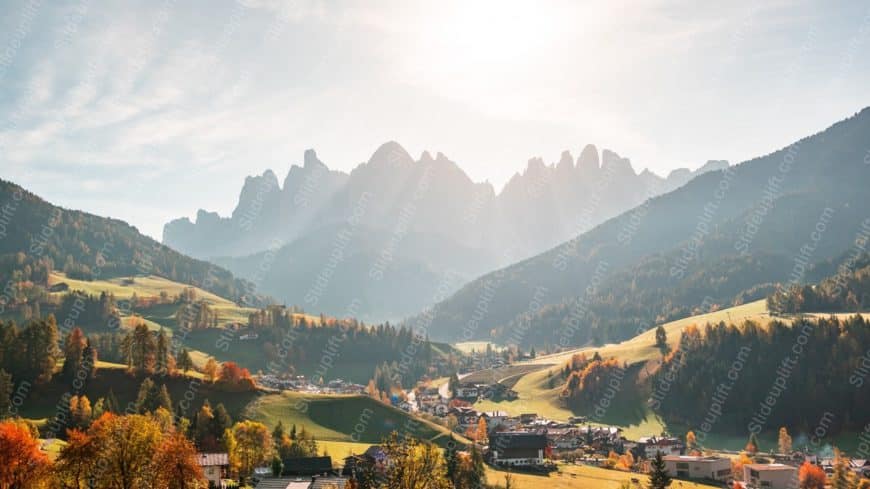 Golden Yellow Fall Trees and Mountain Peaks background image