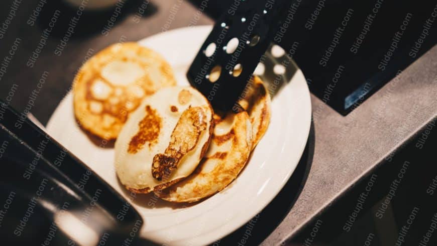 Golden brown pancakes white plate background image