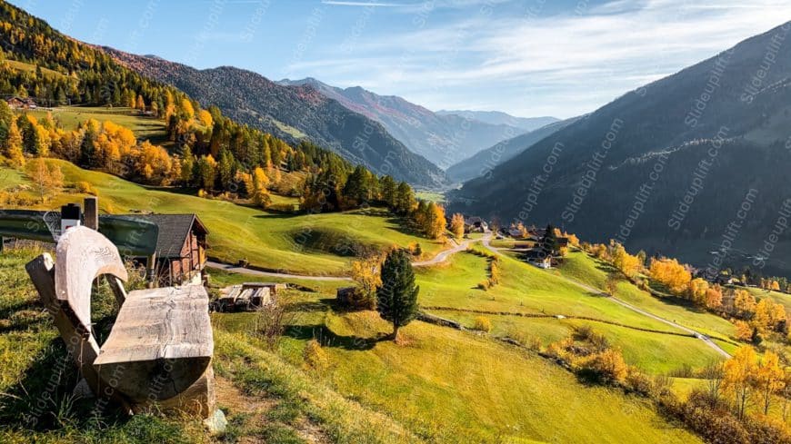 Green Yellow Autumn Trees Mountain Village background image