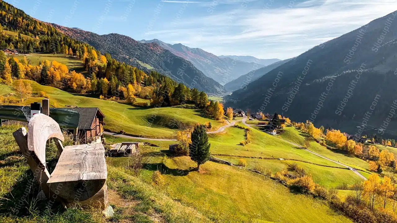 Green Yellow Autumn Trees Mountain Village background image & Google Slides Theme