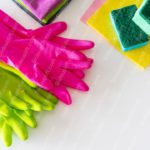 Hot Pink and Lime Green Rubber Gloves Yellow Sponge with Green Scrubber background image & Google Slides Theme