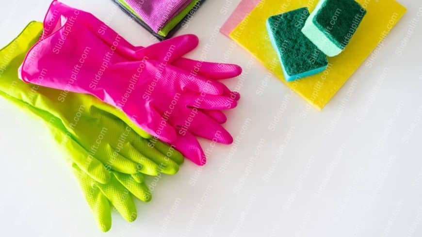 Hot Pink and Lime Green Rubber Gloves Yellow Sponge with Green Scrubber background image