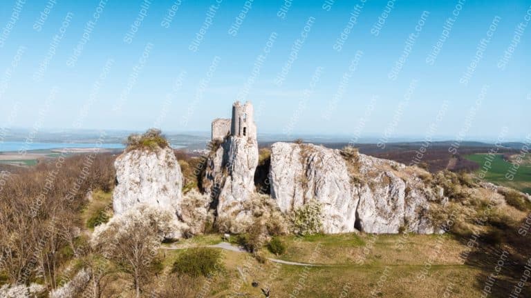 Light Green and Beige Ruined Castle on Limestone Cliffs background image & Google Slides Theme