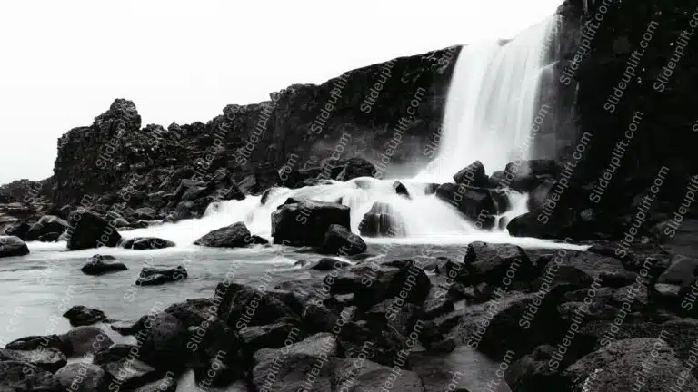 Monochrome Waterfall Rocks background image & Google Slides Theme