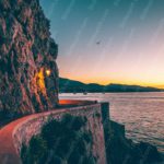 Orange Blue Sunset Cliffside Path background image & Google Slides Theme