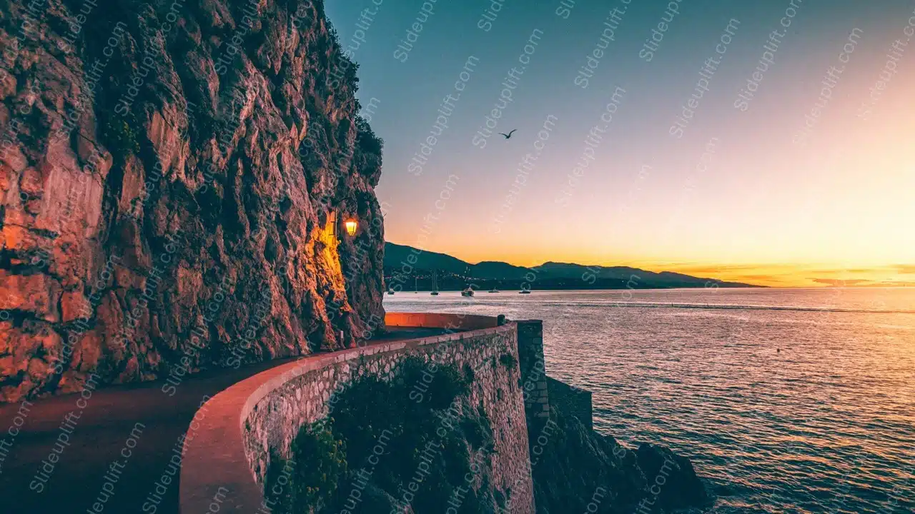 Orange Blue Sunset Cliffside Path background image & Google Slides Theme