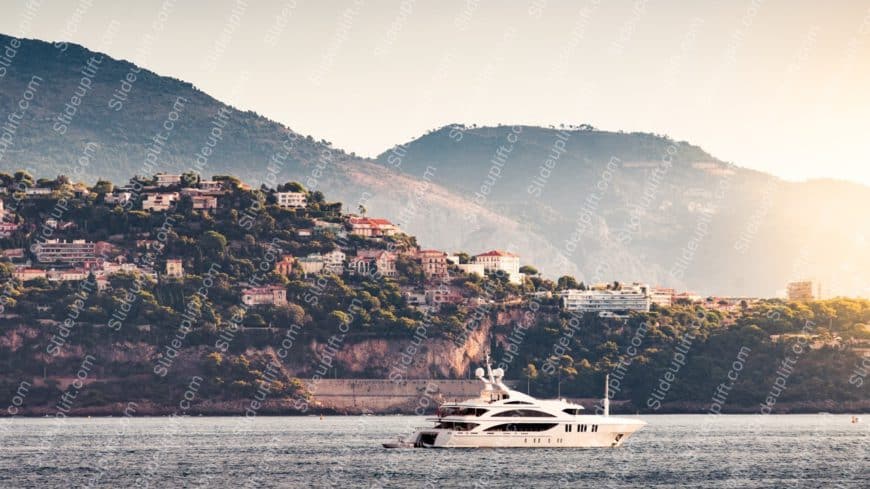 Peach White Yacht Mountainous Coastline background image