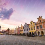 Pink Blue Skyline CobblestoneStreet background image & Google Slides Theme