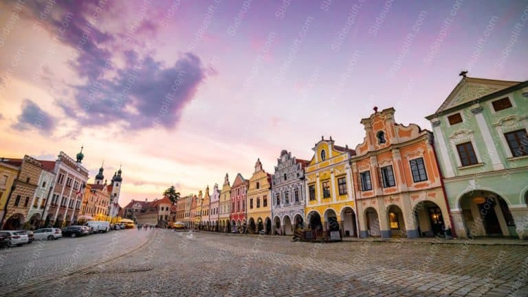 Pink Blue Skyline CobblestoneStreet background image & Google Slides Theme