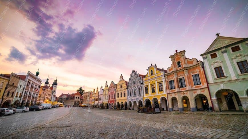 Pink Blue Skyline CobblestoneStreet background image