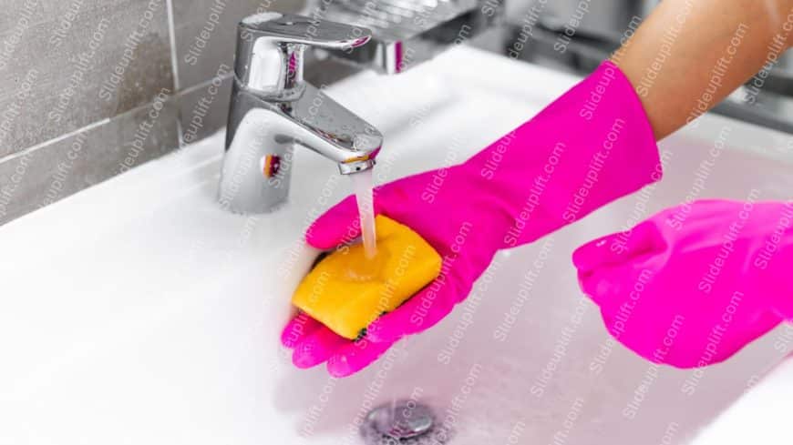 Pink Gloves Yellow Sponge Silver Faucet background image