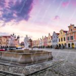 Pink Purple Sky Town Square Fountain Cobblestones background image & Google Slides Theme