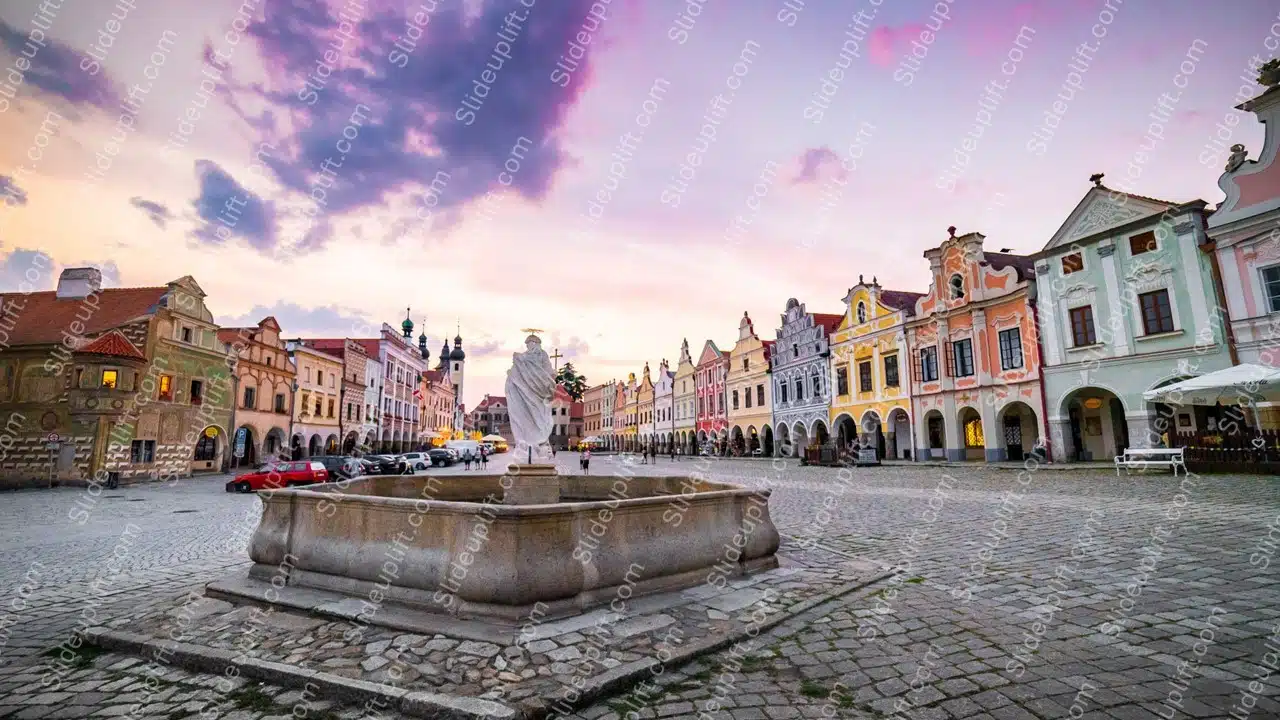 Pink Purple Sky Town Square Fountain Cobblestones background image & Google Slides Theme