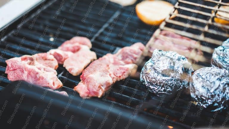 Pink Raw Steaks Silver Foil Wrapped Potatoes Grill background image & Google Slides Theme