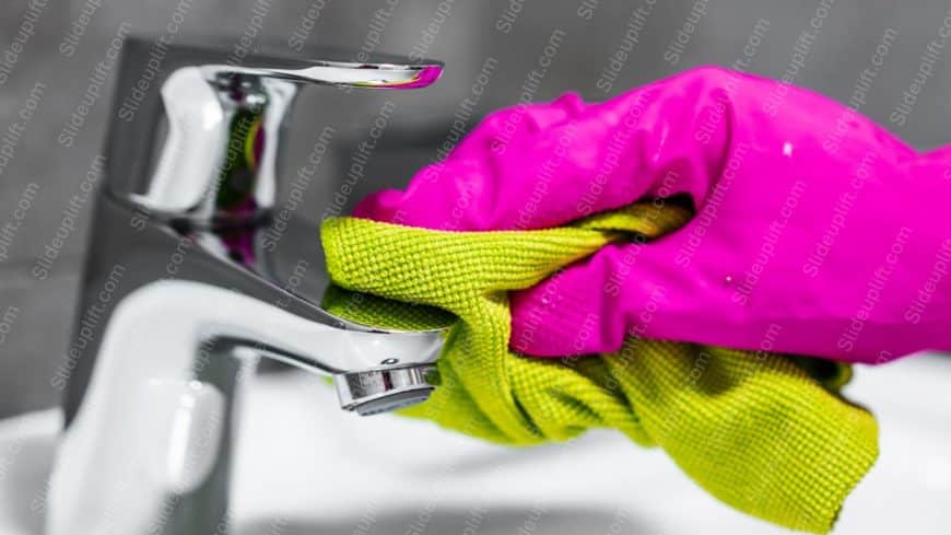 Pink Yellow Gloves and Cloth Chrome Faucet background image