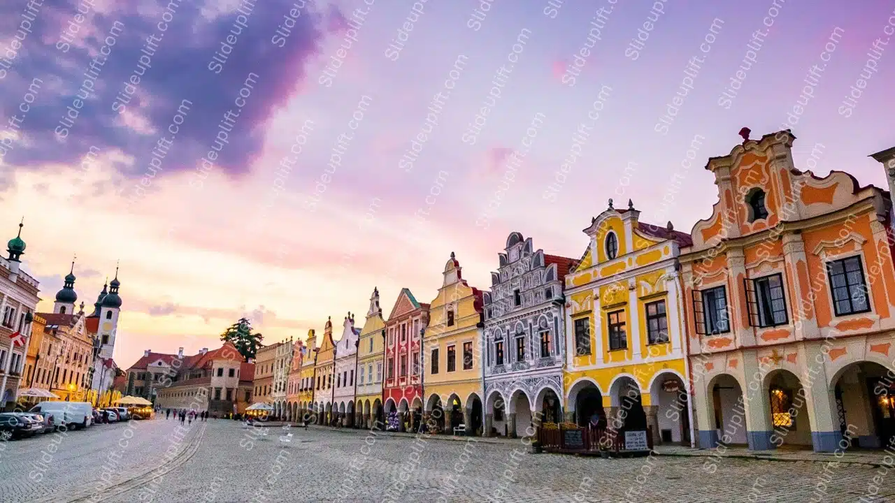 Pink and Blue Sky Baroque Buildings background image & Google Slides Theme