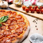 Red Green Pepperoni Pizza Food background image & Google Slides Theme