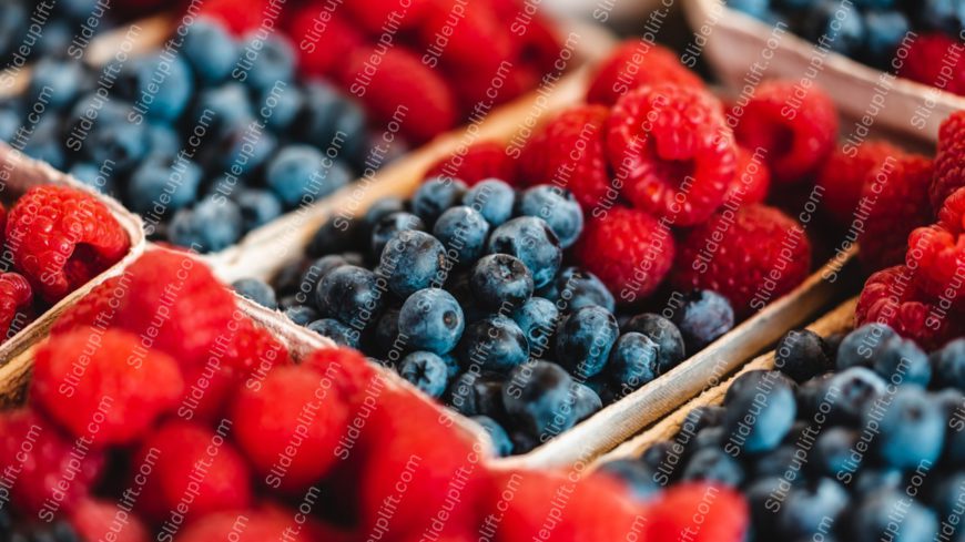 Red Raspberries Blue Blueberries Wooden Baskets background image