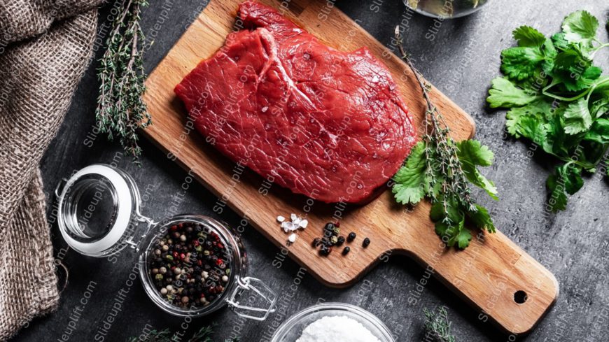 Red Raw Steak Herbs Cutting Board background image