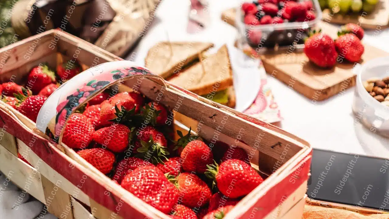 Red Strawberries Wooden Basket background image & Google Slides Theme