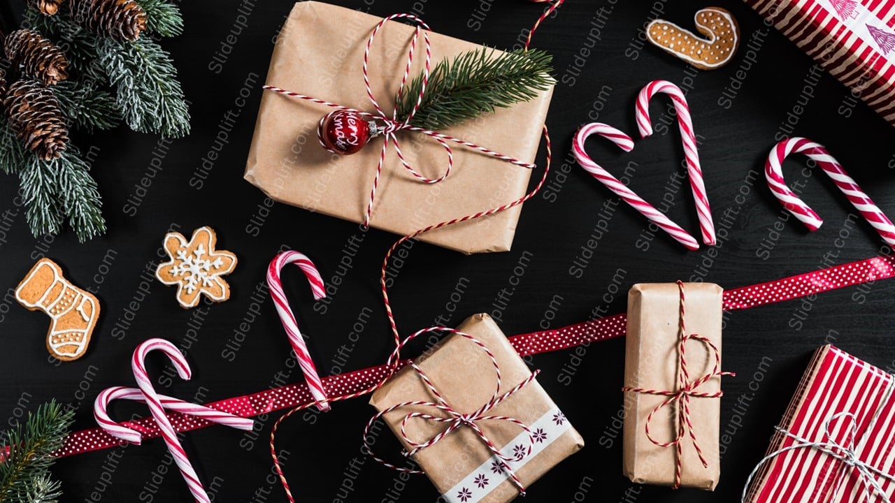 Red White Candy Cane Brown Package Green Pine Branches Black background image & Google Slides Theme