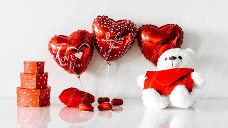 Red White Teddy Bear and Heart Balloons background image & Google Slides Theme