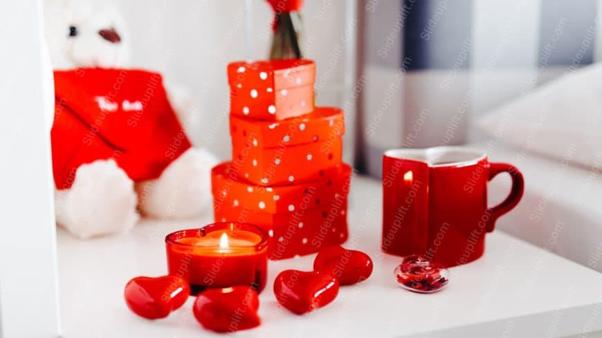 Red gift boxes hearts candle mug background image