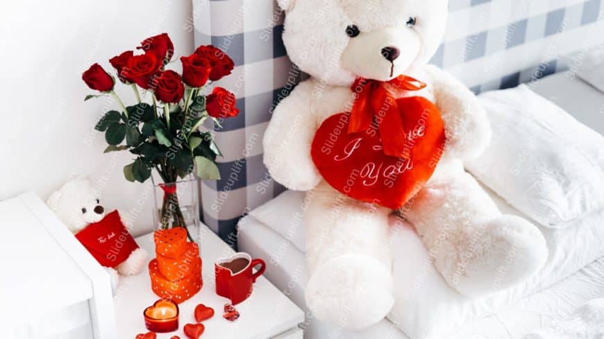 Red roses and teddy bear white background image