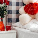 Red roses white teddy bear blue and white checkered background image & Google Slides Theme