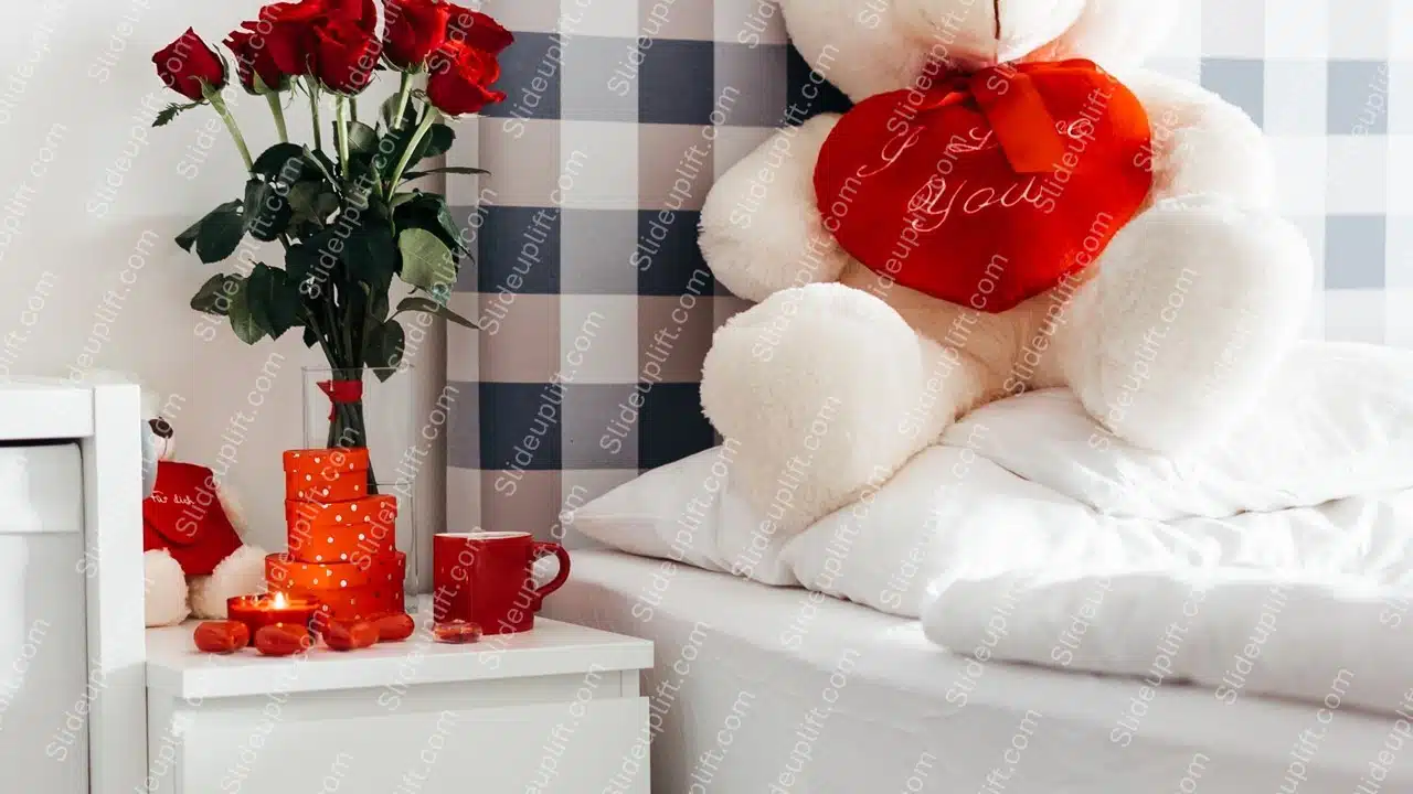 Red roses white teddy bear blue and white checkered background image & Google Slides Theme