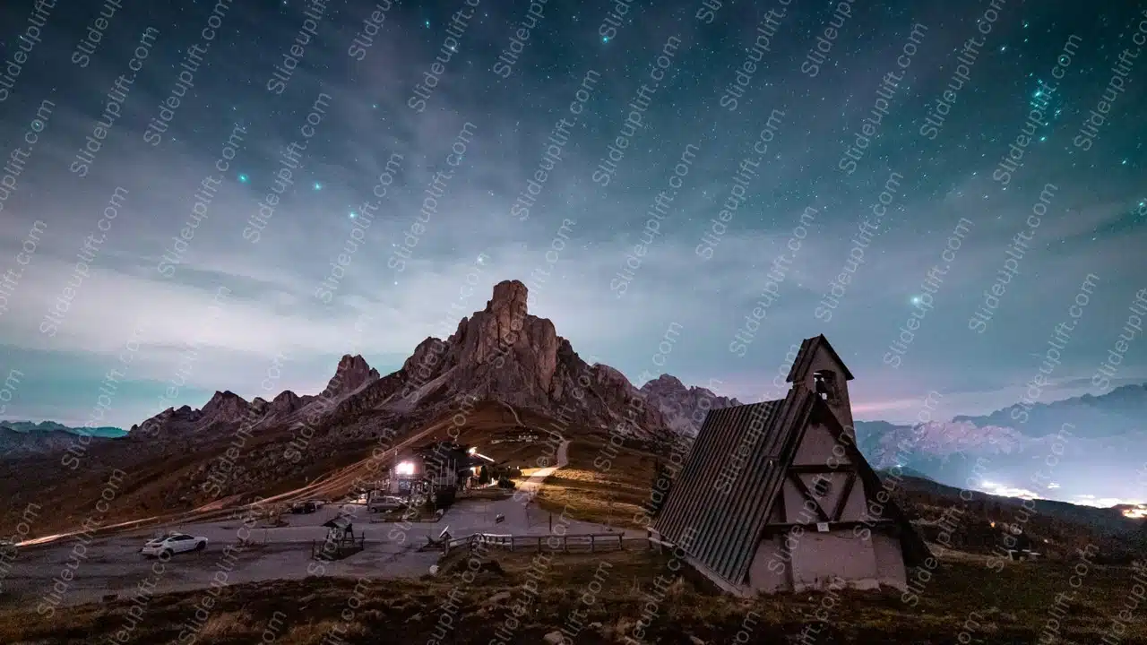 Teal Starry Sky Mountain Chapel background image & Google Slides Theme