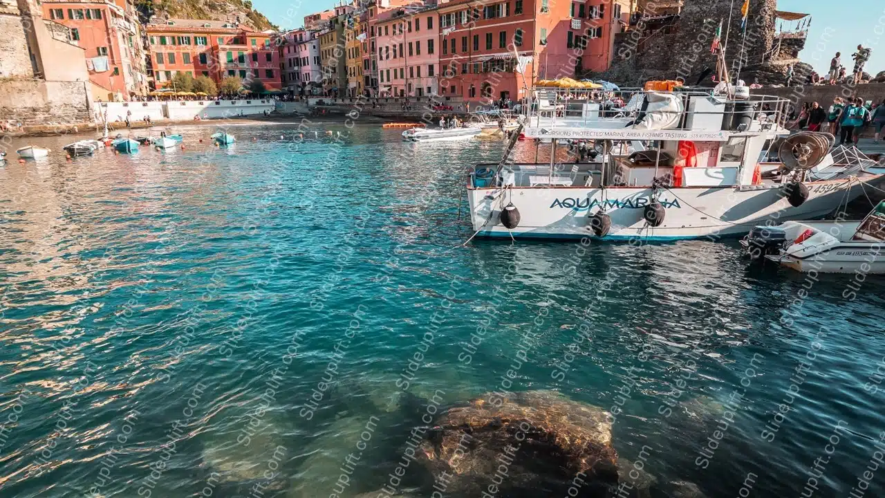 Turquoise Water Boats Colorful Houses background image & Google Slides Theme