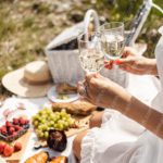 White Dress Champagne Glasses Green Grass background image & Google Slides Theme