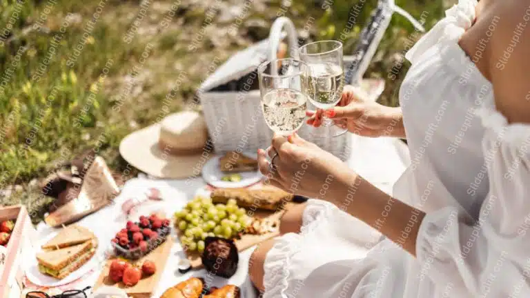 White Dress Champagne Glasses Green Grass background image & Google Slides Theme