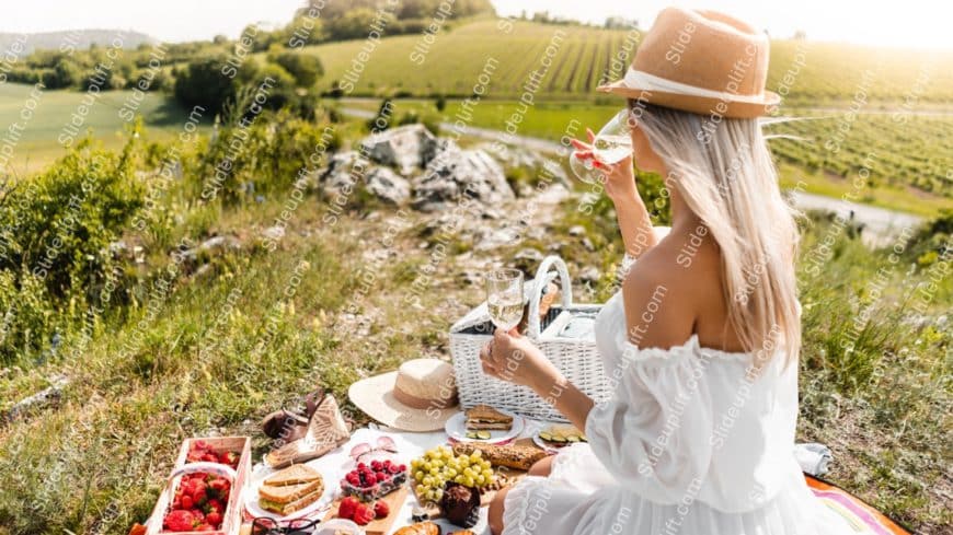 White dress woman picnic basket vineyard background image