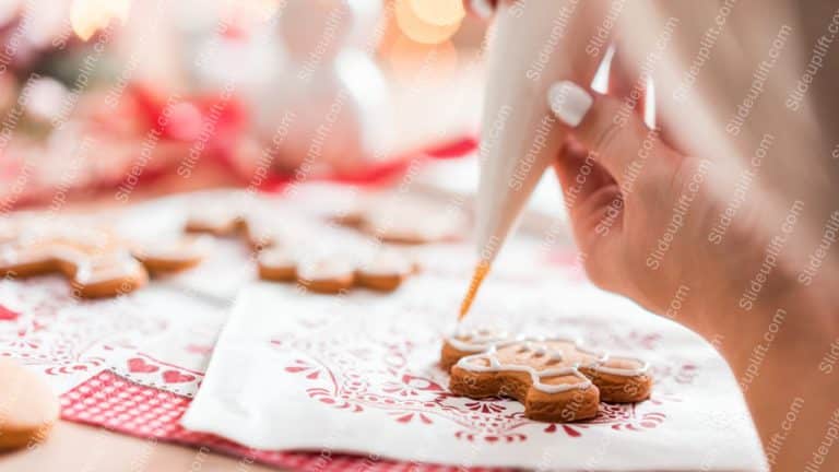 White icing brown cookies red white patterned fabric background image & Google Slides Theme