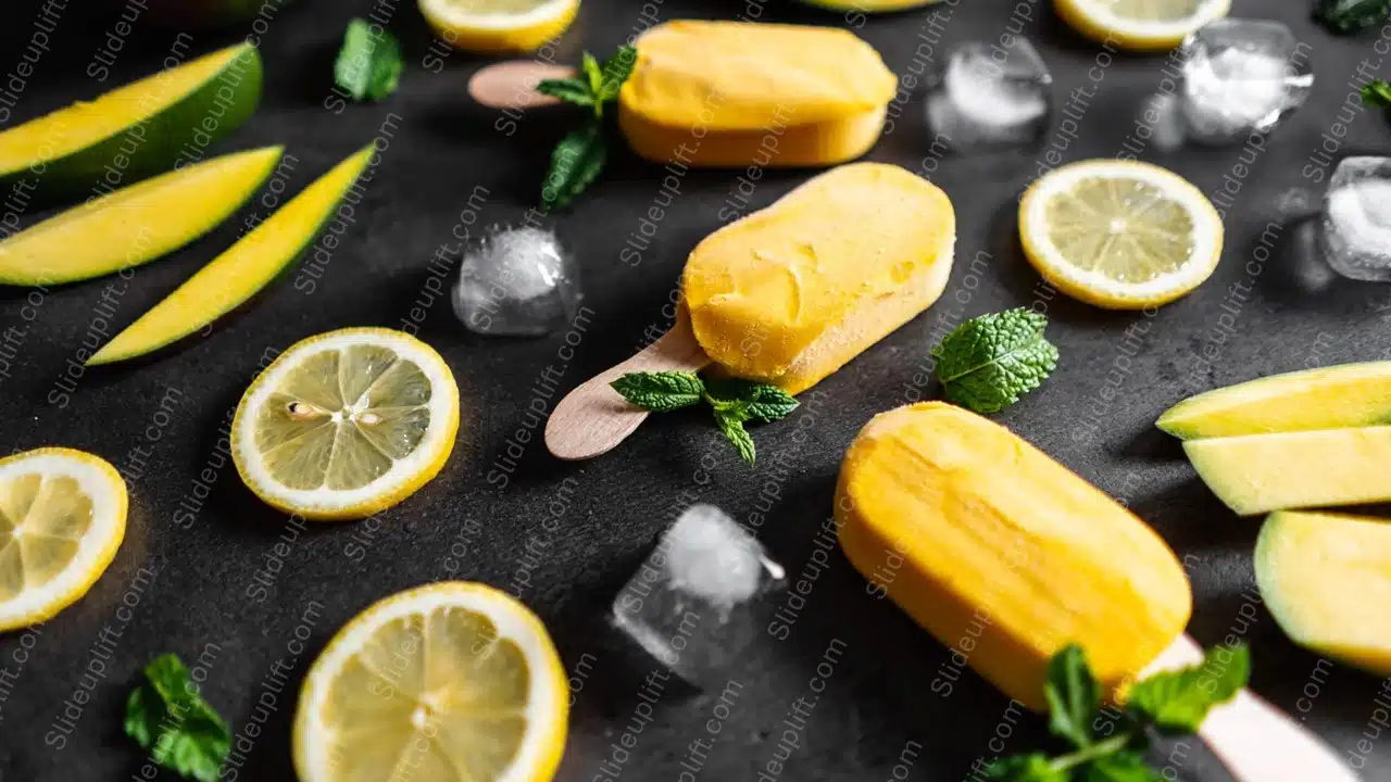 Yellow Popsicle Sliced Lemon Green Mint Ice Cubes Dark Background Image & Google Slides Theme